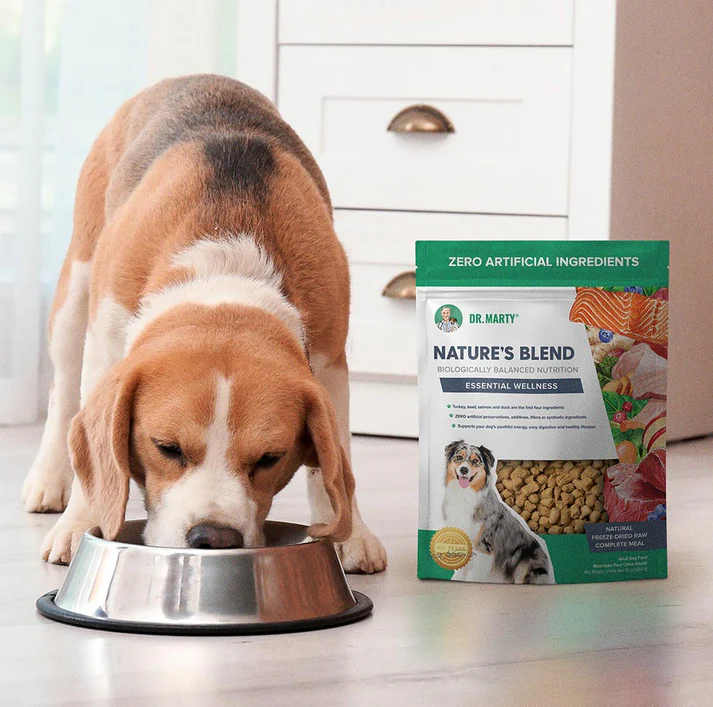 A beagle dog eating from a bowl next to Nature's Blend pet food.