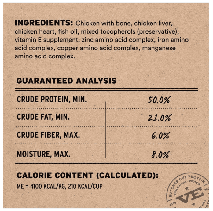 Label showing ingredients and nutritional info of a chicken liver-based product.