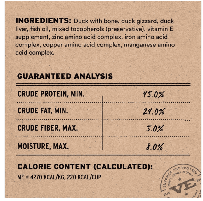 Close-up of a pet food label showing ingredients and guaranteed analysis.